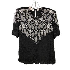 Laurence Kazar Vintage Short Sleeve silk top, Beaded, Black‎ & Silver, Sz L